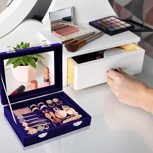 Coobbar 7-Row Royal Blue Ring & Earring Organizer, Transparent Lid Jewelry Box, Luxury Lockable Holder, 2-Pack Jewelry Tray Display for Shows, Countertop Storage Case