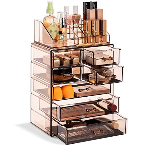 Sorbus Acrylic Makeup Organizer Set, 7-Drawer Vanity & Countertop Cosmetic Storage with Small & Wide Compartments, Bronze Glow Makeup Storage for Brushes, Jewelry – Holiday Gift for Women & Teens - color: Bronze Glow, size: 3 Large, 4 Small Drawers