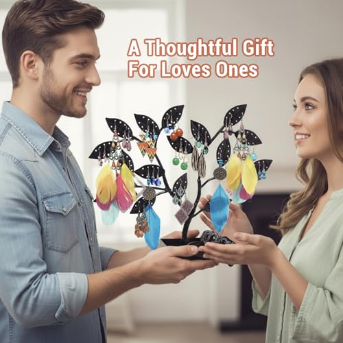 MyGift Jewelry Tree w/Bird Nest 48 pair Earrings Holder, Bracelets/Necklace Organizer Stand (Black Metal) - color: Black Metal