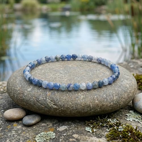 Angelstones Natural Gemstone Small Beaded Stretch Bracelet, 4mm Faceted Round Beads, Crystal Healing Bracelet for Women - color: Blue Aventurine