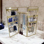 Jewelry Holder, Jewelry Organizer, folding 3 piece Jewelry Display Stand with Metal Frame, Necklace Earring Bracelet Holder, for Studs, Rings, Gift Idea, Gold, Silver, Black Color (GOLD) - color: GOLD
