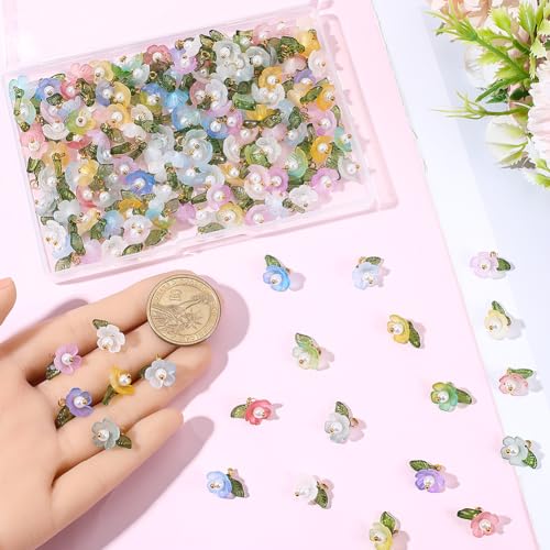 SUNNYCLUE 1 Box 160Pcs 8 Colors Flower Pearl Charms Floral Charm with Green Leaf Acrylic Spring Blooming Flowers Pendants for Jewelry Making DIY Crafts Necklace Earring Bracelets Keychains Accessories - style: Flowe 2