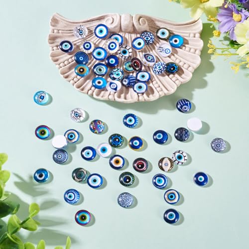 100Pcs/Set Flat Round Transparent Glass Cabochons with Pattern Eye Flatback Glass Dome Flatback Cab Beads for Photo Cameo Jewelry Making Necklace Ring DIY Crafts 12x4mm Blue Eye - color: 100Pcs-12x4mm-Blue Eye