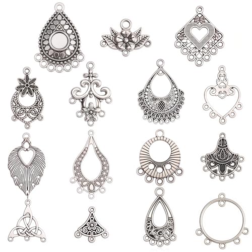 60Pcs 15 Styles Earring Chandelier Charms Filigree Charm Pendant Links Tibetan Antique Silver Vintage Hollow Teardrop Metal Earring Component Connectors Loops for Jewelry Making Findings