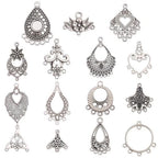 60Pcs 15 Styles Earring Chandelier Charms Filigree Charm Pendant Links Tibetan Antique Silver Vintage Hollow Teardrop Metal Earring Component Connectors Loops for Jewelry Making Findings