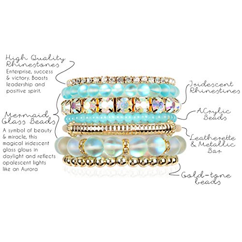 RIAH FASHION Multi Color Stretch Beaded Stackable Bracelets - Layering Bead Strand Statement Wrap Bangles - color: Mermaid Glass - Aqua Mint, size: 7.0 Inches Length