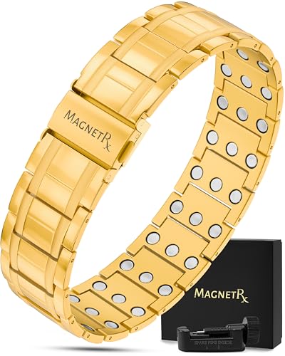MagnetRX® 3x Strength Magnetic Bracelets for Men – Effective Magnetic Mens Titanium Bracelet – Premium Fold–over Clasp & Adjustable Length with Sizing Tool & Gift Box (Gold) - color: Gold (3X Strength)
