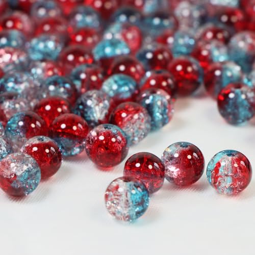 100Pcs 10mm Crackle Glass Beads for Jewelry Making - Round Spacer Crystal Beads Bulk, DIY Craft Supplies for Necklace Bracelet Earrings (Red Blue Transparent) - color: Red Blue Transparent