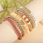 Pingyongchang Heishi Gold Beaded Bracelets Set for Women Men Bohemian Polymer Clay Colorful Surfer Vinyl Disc Stretch Layering Stackable Friendship Boho Bracelet Summer Beach Jewelry Gifts - color: Brown