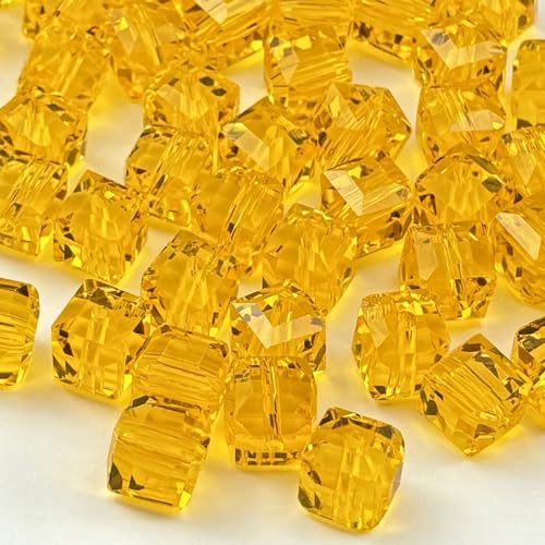 100pcs 8mm Crystal Glass Cube Beads Square Glass Beads Crystal Spacer Beads for Bracelets Necklace Earring DIY Jewelry Making Craft(Gold Yellow) - color: Gold Yellow, size: 8mm