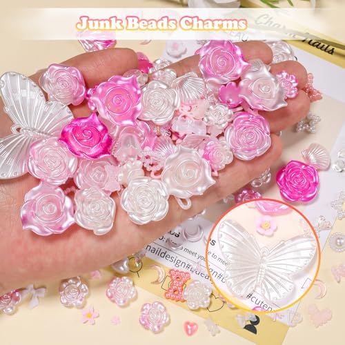 Cynailli 350 Pcs Junk Case Charms 3D Resin ABS Rose Flower Bows Butterfly Charm with Bows Moon Heart Pearls Fun Beads Flatback Resin Charms for Craft DIY-S2 - color: color-S2