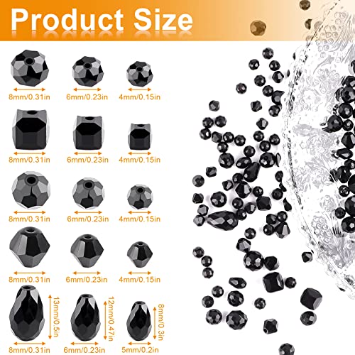 Crystal Beads, 600pc Rondelle Jewelry Glass Beads Bulk, Assorted; 4/6/8mm Black - color: Black