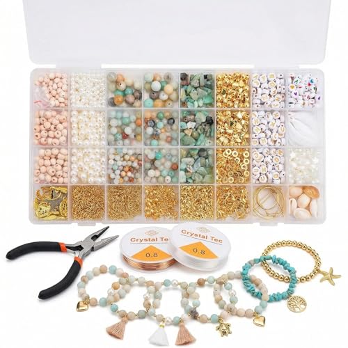 Imaginovelty 1920PCS Jewelry Making Kit with Natural Amazonite Stone Beads, Irregular Chips & Crystal Beads for Bracelets,Necklaces Earrings, Complete DIY Craft Set with Pliers & Gift Box