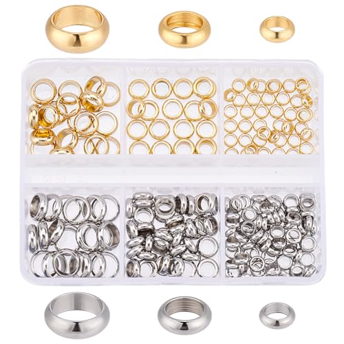 PH PandaHall 220pcs 6 Styles 18K Gold Spacer Beads with Large Hole Stainless Steel Smooth Round Spacer Beads, Flat Round Donut Metal Beads for Jewelry Bracelet Necklace