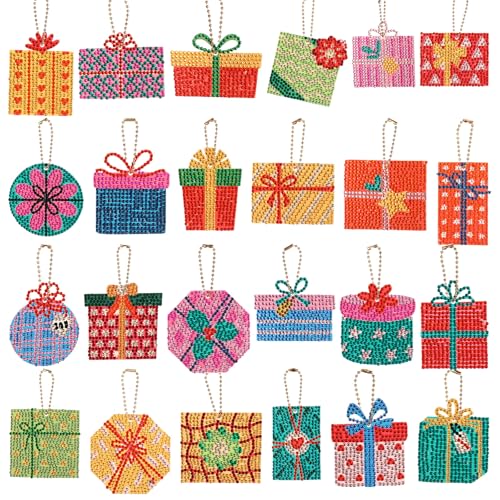 Huquary 24 Pcs Diamond Art Christmas Ornaments 5D DIY Christmas Diamond Arts Painting Keychains Xmas Hanging Painting Kits Gift Boxes Crystal Rhinestone Craft for Home Winter Holiday Gifts - style: Gift Boxes