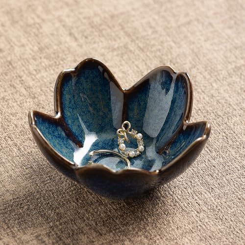 Floral Ceramic Jewelry Tray - 3.5" Elegant Ring Holder Dish & Trinket Bowl for Vanity Dresser Decor, Unique Gifts for Mom, Women, Friends (Blue) - color: blue