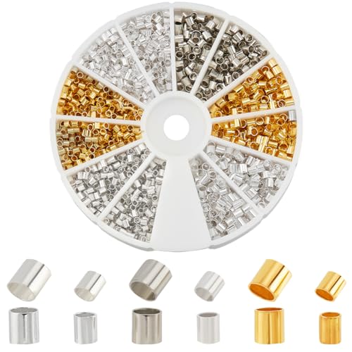 PH PandaHall Crimp Tube Beads, 3000 Pcs 1.5mm 2mm Brass Tube Crimp End Spacer Beads Cord End Caps Loose Stopper Bead for Earring Necklace Pendant DIY Jewelry Gift Making, Golden/Silver/Platinum - color: Golden/Silver/Platinum, size: 3 Sizes-Diameter 1.5~2