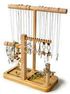 Solid Wood Jewelry Tower Organizer - 3-Tier Tree Holder Stand with 11 Earring Holes, 2 T-bar for bracelets Necklace or watches, Ring Tree & Display Tray (natural wood) - color: natural wood