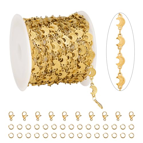 KYUNHOO 13FT/4M Stainless Steel Gold Jewelry Chain Roll on Bulk Embossed Moon Link Chains for Jewelry Making with Clasps and Jump Rings - color: Moon Gold