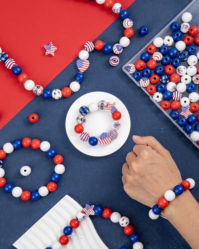 Goldwise 120Pcs 4th of July Wooden Beads Garland, Patriotic Red White Blue Beads for DIY Crafts, Independence Day Wood Beads with American Flag Stars for Bracelets Necklaces Tiered Tray Decor - size: 4th of July Wooden Beads