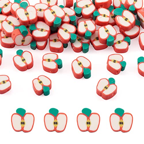 50PCS Handmade Polymer Clay Beads Apple Slice Shape Loose Bead Fruit Theme Spacer Beads Apple Bracelet Bead for DIY Bracelet Necklace Earring Charm Anklets Keychain Gifts Jewelry Making Hole 1.6mm - color: Apple Slice
