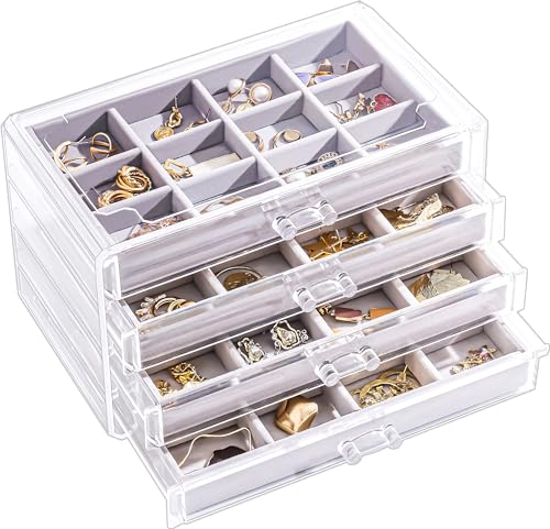 Lolalet Earring Holder Organizer Box Jewelry Storage with 4 Drawers, Clear Acrylic Stackable Earring Case with Adjustable Velvet Trays for Women on Dresser Vanity -Grey, 4 Layers - color: Gray, size: 4 Layers