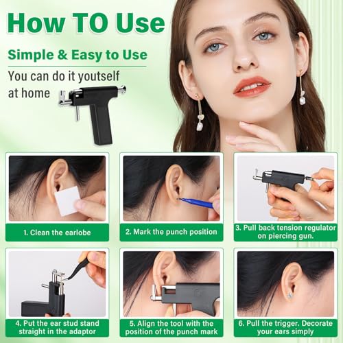 Reusable Ear Piercing Gun Kit, Professional Ear Piercing Machine with Stainless Steel Piercing Earrings Studs, Crystal Earrings for At Home Salon Earlobe Cartilage Helix Tragus Piercing Tool Set - color: Black