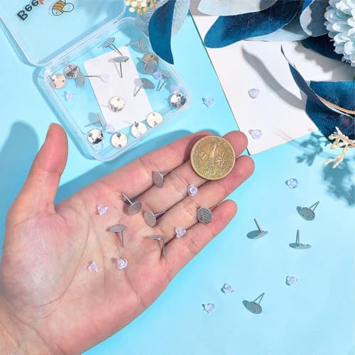 Beebeecraft 1 Box 32Pcs Flat Round Earring Studs for Jewelry Making Platinum Plated Brass Frosted Surface Round Earring Posts with Loop Hole and 40Pcs Plastic Ear Nut for DIY Ear Crafts Supplies - color: Silver