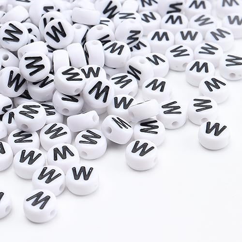 100Pcs Letter Beads 4x7mm White Round Acrylic Alphabet Beads Letter W Beads for Jewelry Making DIY Bracelets Necklaces Key Chains - color: W 100Pcs