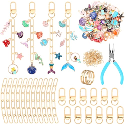 AUGSUN 189Pcs Ocean Themed Keychain Making Kit, Charm Jewelry Chain Making Crafts Including 60 Summer Beach Charms 12 Keychain Clips Hooks 15 Extender Chains 100 Jump Ring and Jewelry Plier - style: Ocean