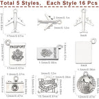 SUNNYCLUE 1 Box 80Pcs 5 Styles Alloy Travel Charms Passport Charms Bulk Tibetan Silver Retro Metal Airplane Camera Map Suitcase Pendants for Jewelry Making Supplies DIY Necklace Bracelet Earring