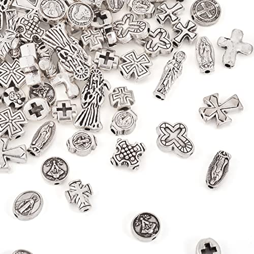Craftdady 88Pcs Tibetan Cross Beads Antique Silver Alloy Crucifix Spacer Beads Western Charms Virgin Mary Charms for Crafts Mexican Bracelets Jewelry Making - color: Antique Silver-22 Styles