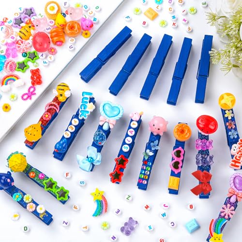 JOICEE 80 Set Cheer Pins Spirit Clips,80 Clothes Pins 126 Mini Resin Animals Bows Daisy and Stickers Pen Over 300 Beads Pearls for Cheerleading Backpacks Ribbon Team Classroom Cheer Gifts Bulk(Blue) - color: Blue
