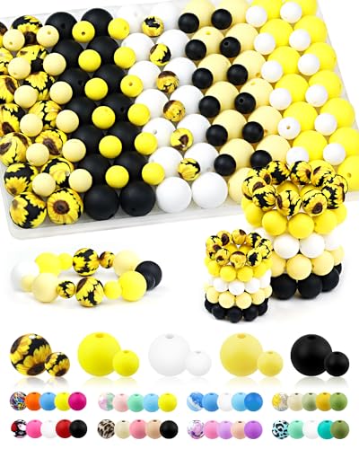 100PCS FIVEIZERO Silicone Beads for Keychain Making, 9mm & 15mm Yellow Black White Mixed 5 Colors Silicone Focal Beads for Bracelets, Beadable Pens and DIY Crafts - color: Yellow Black White