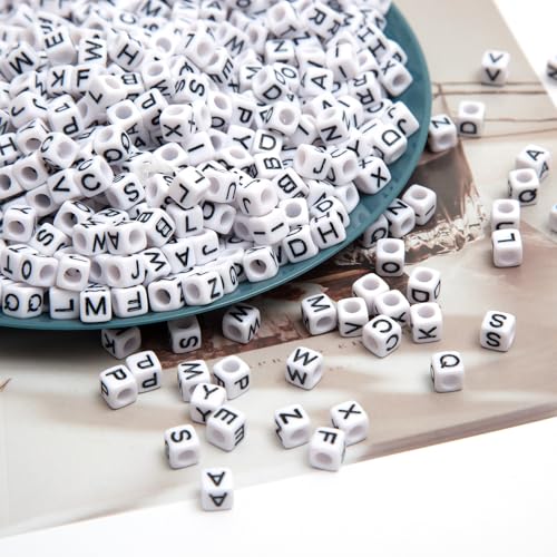 1000pcs Square White Letter Beads Acrylic 6x6mm Cube Beads for Bracelets Necklaces and Jewelry Making Alphabet Bead - color: White-Black