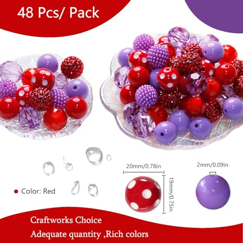 48 Pcs 20mm Beads for Pens Rhinestone Bubblegum Beads Mixed Crystal Acrylic Round Chunky Bead Sparkly Craft Large Balls Bead for Pen Beadable Keychain Bracelet Necklace DIY Jewelry Making Supplies - color: Red series