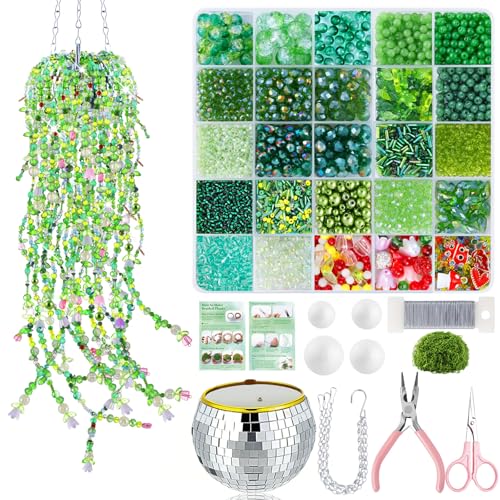 5057 Pcs Beaded Plant Kit Forever Plant Kit for Mirror Disco Ball Planter Making,Green Beads for Beaded Plants with Hanging Chain,Green Glass Leaf Beads Forever Plant Beads for Plant Making DIY Craft - color: Green B (Include Pot & Foam)
