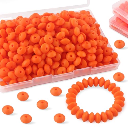 Sunrony 200Pcs Silicone Lentil Beads for Keychain Making, Bulk 12mm Silicone Abacus Spacer Beads for Necklace Bracelet Making Pens(Orange) - color: G-Orange