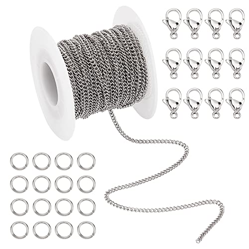 PH PandaHall 33 Feet 304 Stainless Steel Curb Cable Chain 2mm Link Necklace Chain with 20pcs Lobster Claw Clasps and 30pcs 6mm Open Jump Rings for Bracelets Necklaces Jewelry DIY Crafts Making