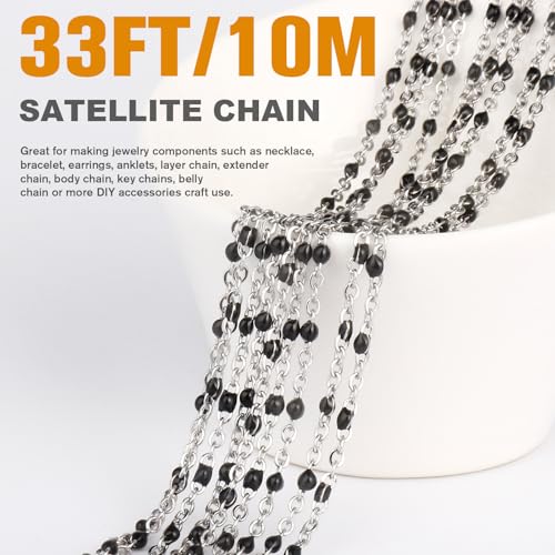 33 Feet Stainless Steel Enamel Chains Bulk, 2mm 304 Stainless Steel Black Enamel Beaded Cable Link Chain Roll Spool for Jewelry Making - color: Stainless Steel Black Beads