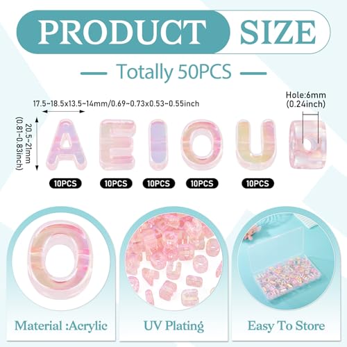 FASHEWELRY 50Pcs UV Plating Rainbow Iridescent Acrylic Letter Beads with Large Hole Large Letter Blocks Charms 3D Letters Chunky Vowel Alphabet Beads for Key Chains Necklace DIY Arts Craft (Pink) - color: Pink, size: Vowels