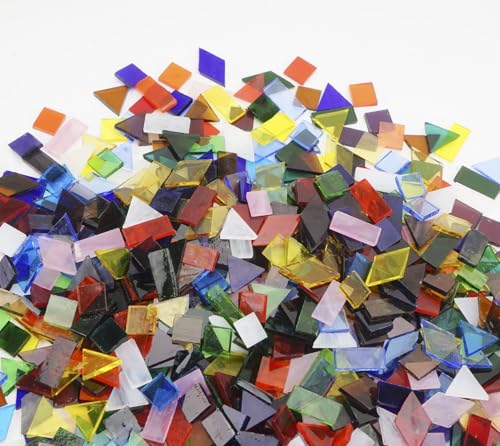 Lanyani 410 Large Transparent Stained Glass Mosaic Tiles, Vibrant Mixed Shapes for Art & Crafts, Cathedral Colorful Glass Pieces, 1.2 Pounds - color: Large/1.2lb /410pcs