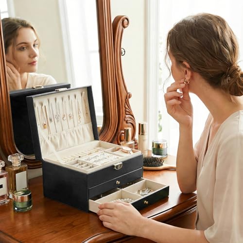 3 Layer Jewelry Box with Lock, Women Large Jewelry Holder Organizer with Drawer for Necklaces, Rings, Bracelets, Earrings, Watches, Valentines Gift for Mom Girl Wife (Black) - color: Black