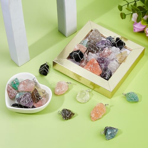 SUPERFINDINGS 50Pcs 10 Colors Natural Crystal Stone Pendant 4cm/1.6" Chakra Crystal Stone Charm Silver Plated Wire Wrapped Quartz Gemstone Charms Irregular Gemstone Charm for DIY Jewelry Making Crafts