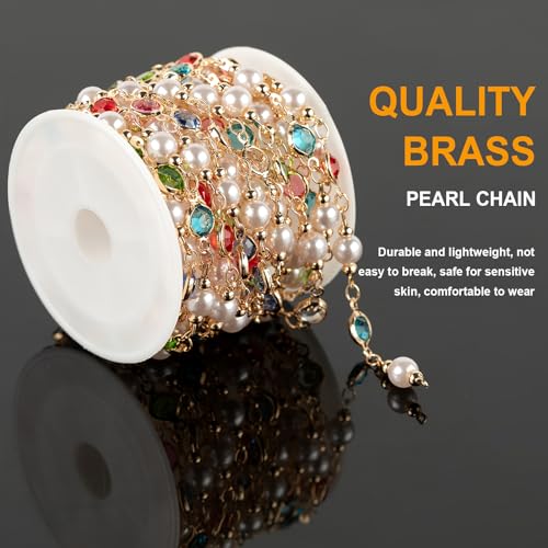 KYUNHOO 3 Meters Pearl Chains for Jewelry Making, Mixed Color Rhinestone Beaded Chains Bulk with Jump Rings and Lobster Clasps for Crafts DIY Supply Findings - color: Gold