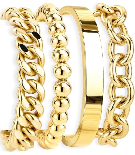Gold Bracelets Set for Women Stack, Chunky Thick Bracelets Stack for Women Trendy, Simple Dainty Thin Gold Plated Cuff Stackable Bracelets With Beaded Cuban Paperclip Snake Rope Bangle Hand Chain Jewelry - style: Style 16-gold