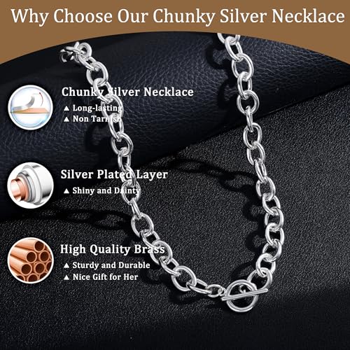 CHESKY 14K Gold Plated Chunky Necklace for Women, Trendy Paperclip Chain Necklace Thick Cross Heart Pendant Necklace Layered Herringbone Cuban Link Chain Toggle Necklaces Non Tarnish Jewelry - color: silver, style: paperclip