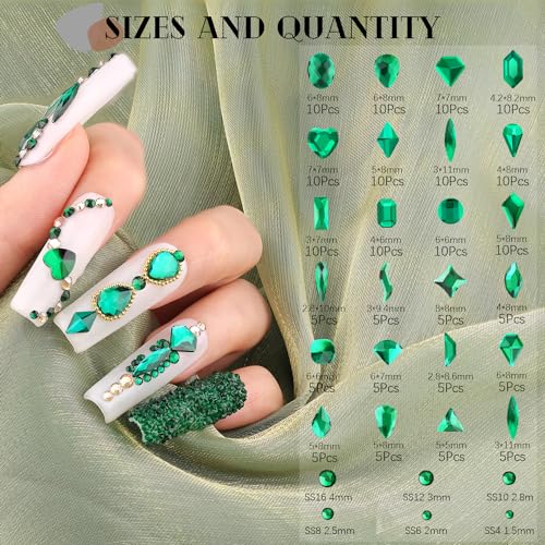 Emerald Green Glass Nail Rhinestones - 1680pcs Multi Shapes Flatback Gems + 1500pcs 1.5-4mm Round Crystal with Rhinestones Glue Gel for Nail Art - color: Emerald Green with Glue