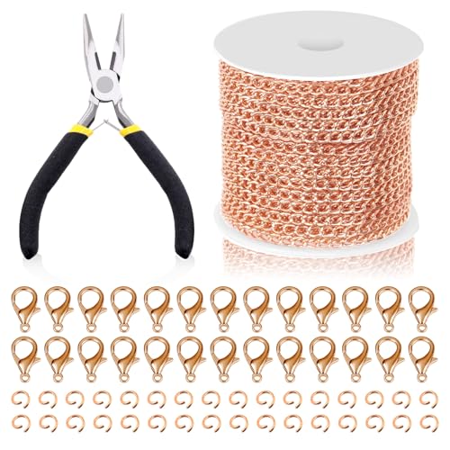 Swpeet 102Pcs Rose Gold 3mm by 10 Yard Length Jewelry Making Chains Kit with Jump Rings, Lobster Clasps and Jewelry Plier, Necklace Chains Flat Cable Link Chain Bulk Ideal for DIY Craft Jewel Making - color: Rose Gold