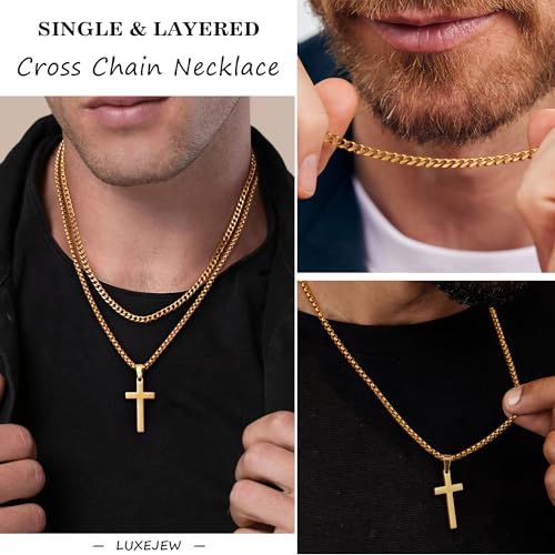 LUXEJEW Cross Necklace for Men Boys - Gold Silver Black Stainless Steel Cross Pendant Necklaces Layered Cuban Link Chain Necklace Jewelry Gifts 16 18 20 22 24 Inches - color: Gold, size: 24in/26in, style: Style A-Small Pendant